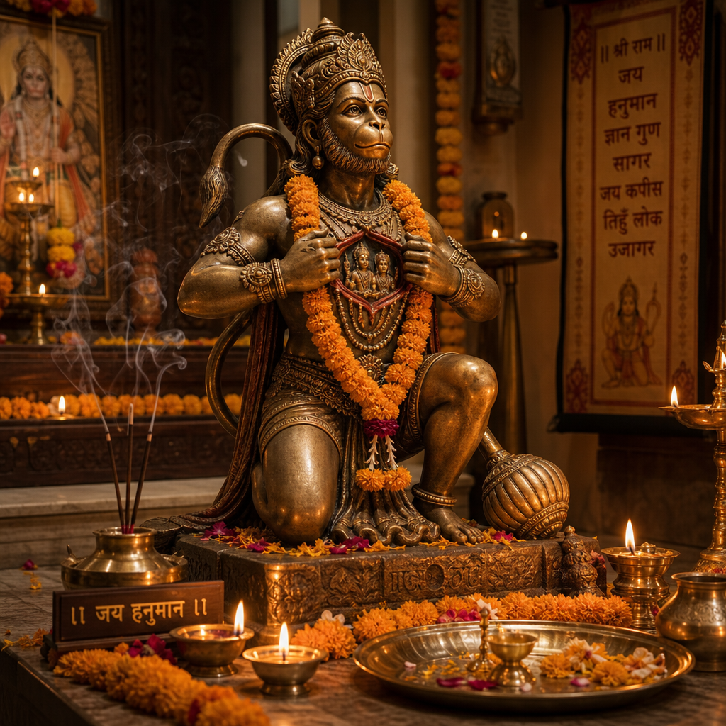 Hanuman-Altar mit Andachtsstatue, Blumen, Lampen und Weihrauch in warmer Beleuchtung