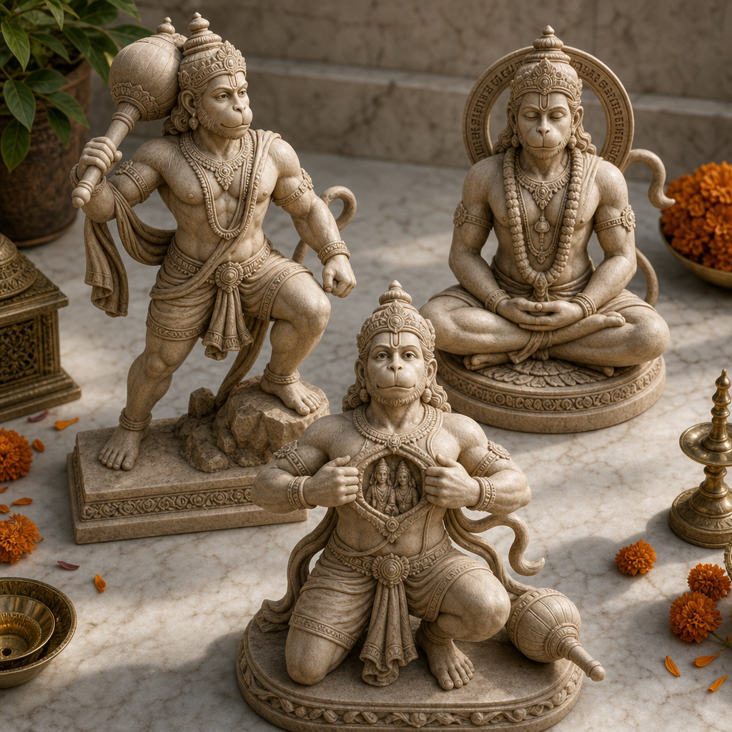Sammlung von Hanuman-Statuen mit verschiedenen theologischen Posen und ikonografischen Bedeutungen