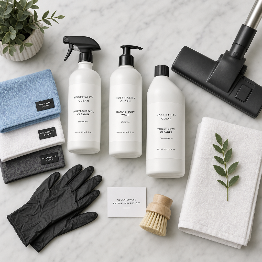 Hotel Cleaning Melbourne Professional cleaning supplies arranged on marble surface for hotel maintenance to display the hotel cleaning consumables in knox
