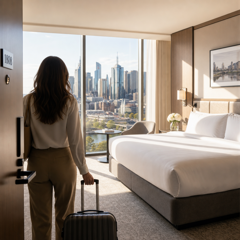 Hotel Cleaning Melbourne Guest room with perfectly made bed and city view showcasing hotel cleanliness standards in Chadstone