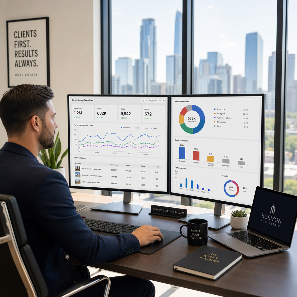 Real estate professional analyzing digital advertising performance metrics on computer screens in a modern office