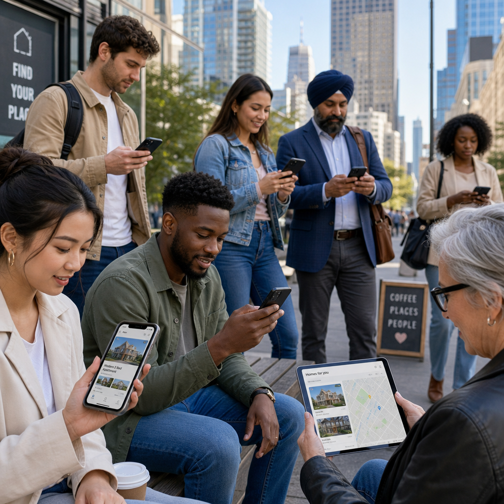 Potential buyers viewing real estate content on mobile devices in an urban environment