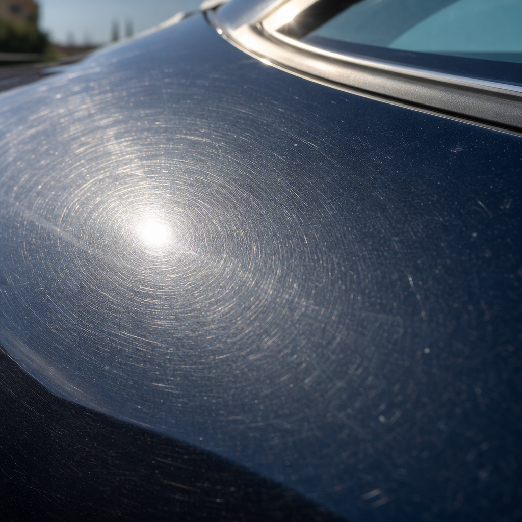 Macro close-up showing swirl marks and scratches in car clear coat under bright light