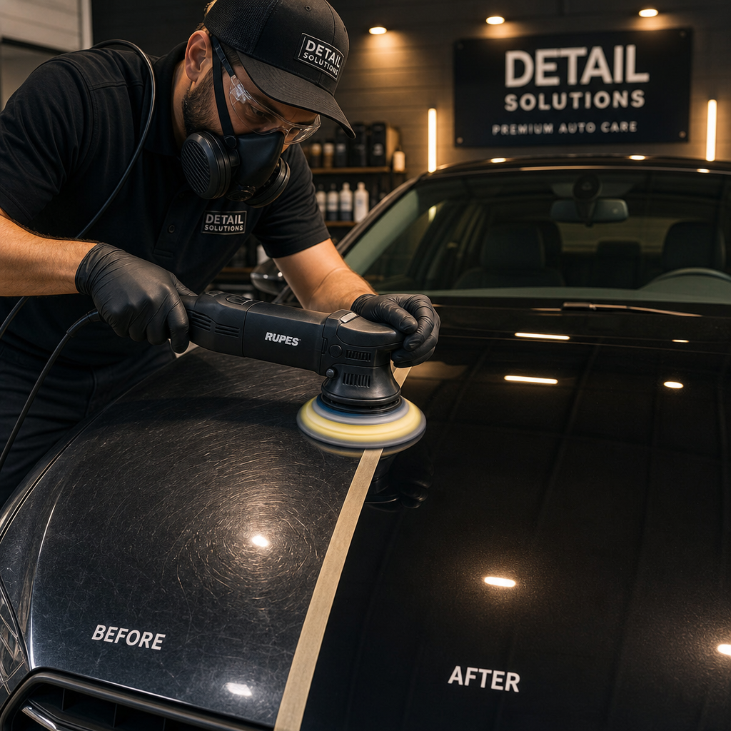 Auto detailer using machine polishing equipment to correct car paint defects