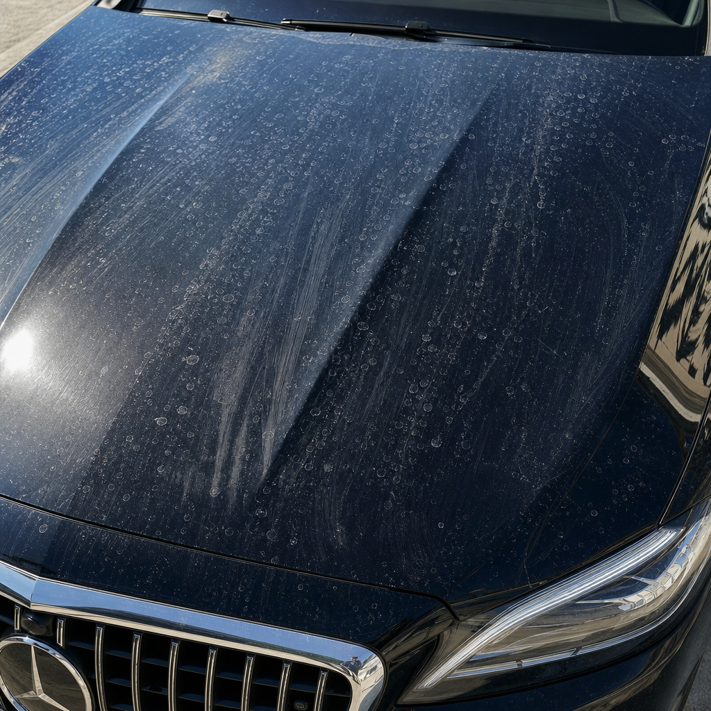 Water spots and mineral deposits on car paint from hard water and automatic washing