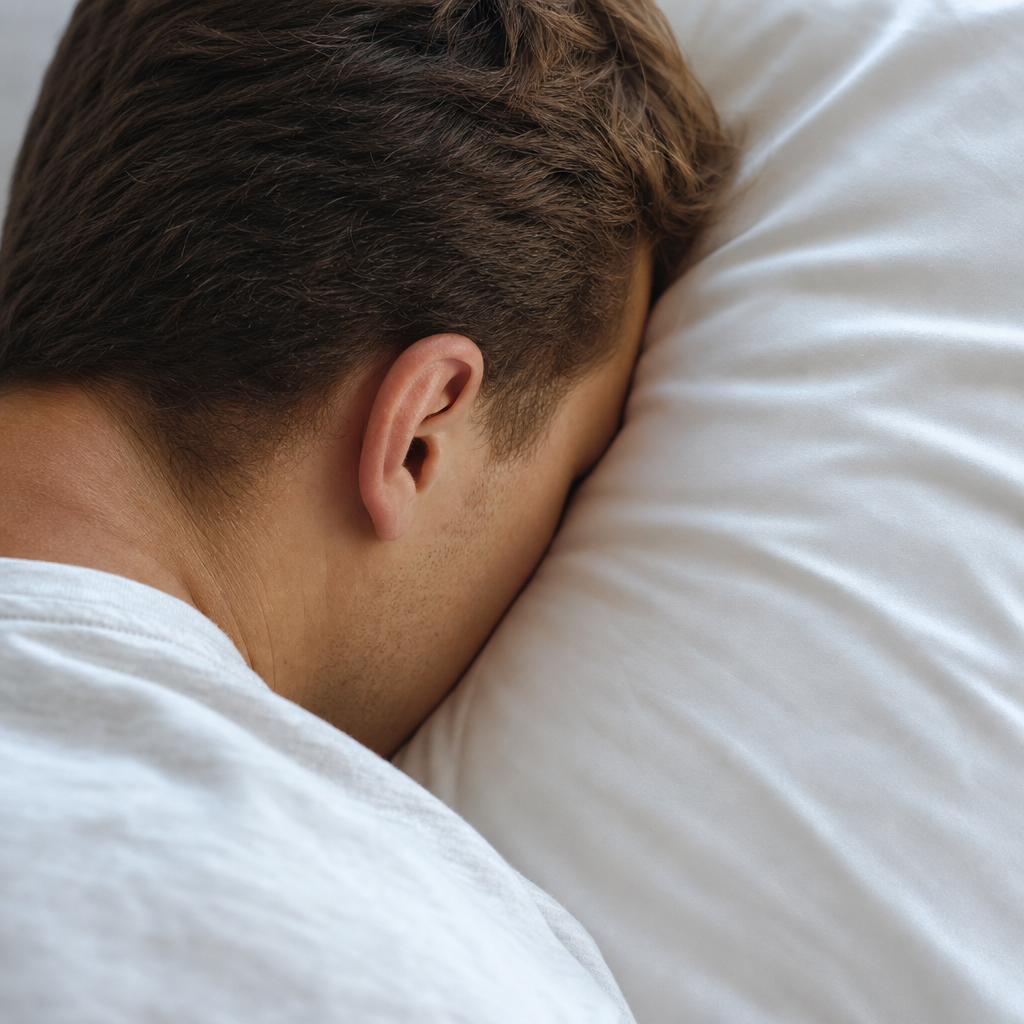 Side sleeper's ear pressed against pillow showing pressure point contact