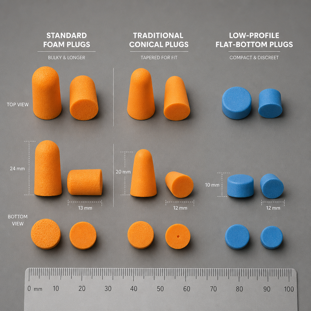 Three ear plug design types displayed to show size and profile variations