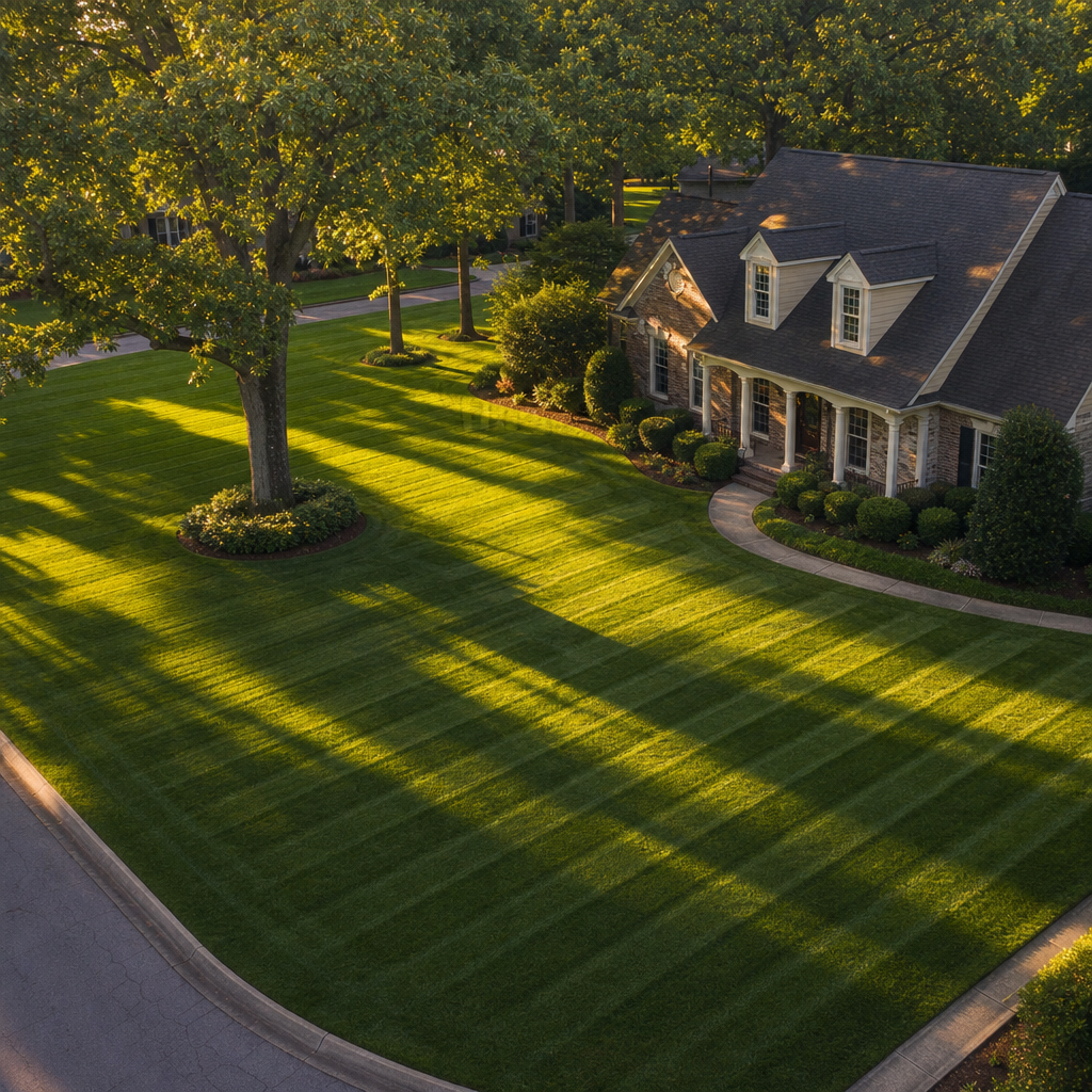 Aerial view of a well-maintained Alabama residential lawn with fresh mowing stripes