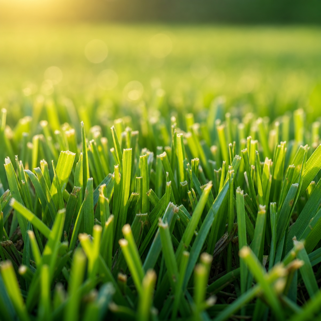 Close-up of healthy warm-season grass blades after proper summer mowing