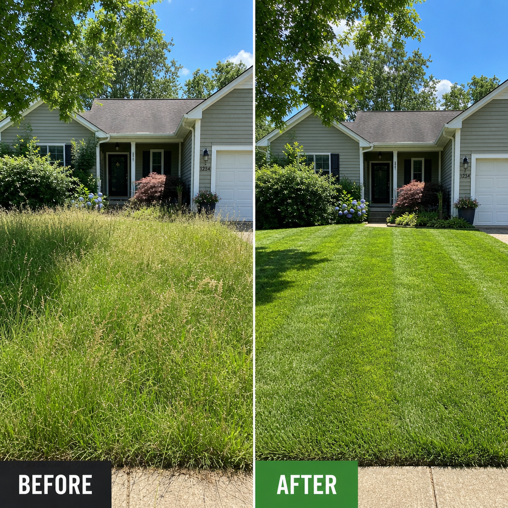 Before and after comparison of neglected versus properly maintained summer lawn
