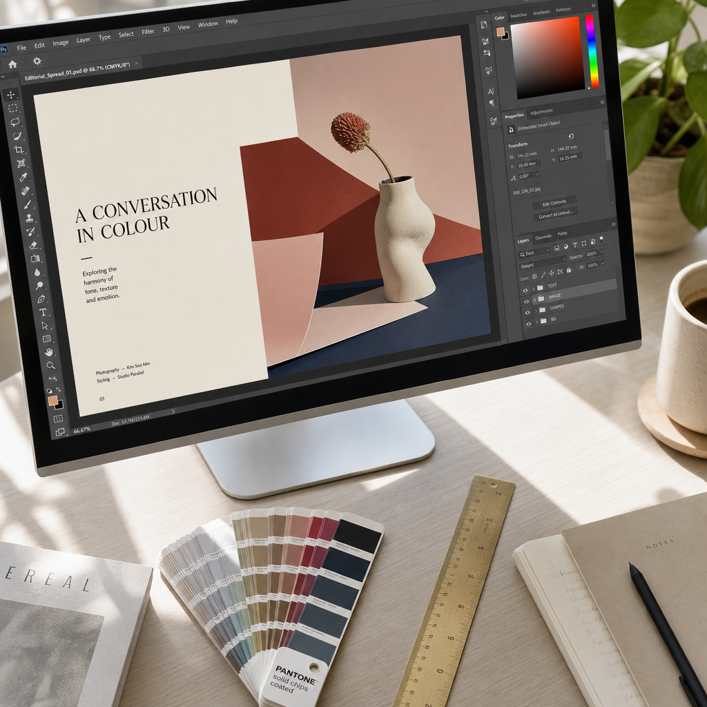 Designer workspace with digital artwork file and design tools on desk
