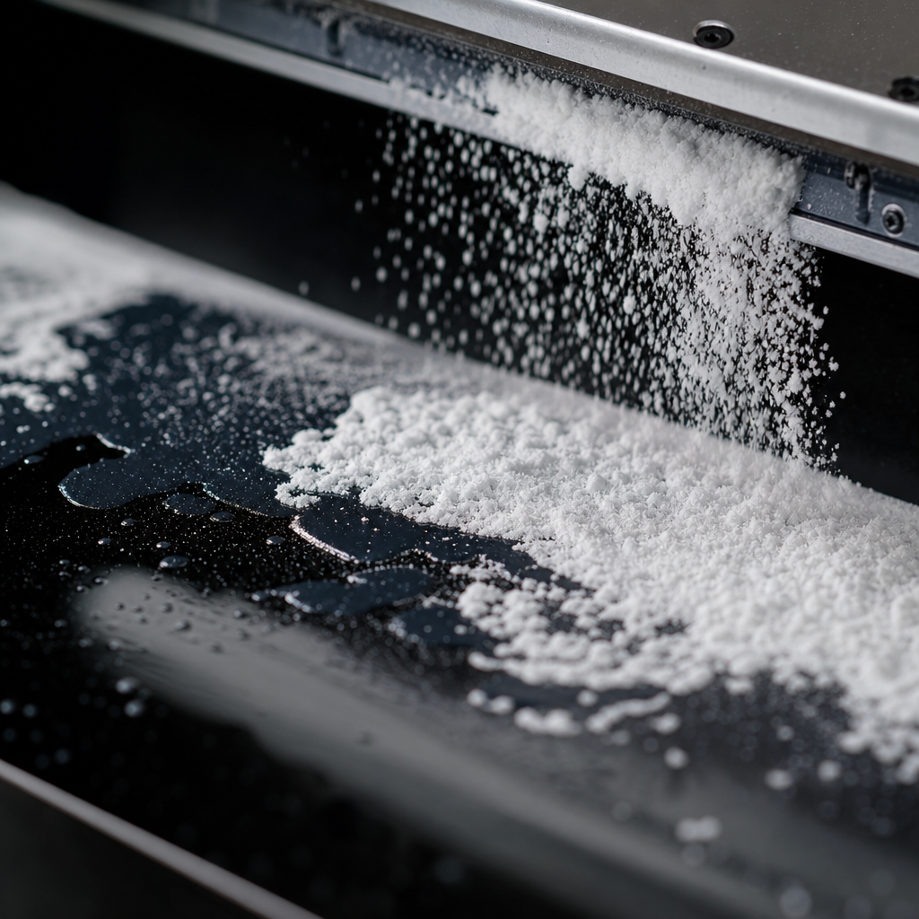 Close-up of powder adhesive application during DTF transfer printing