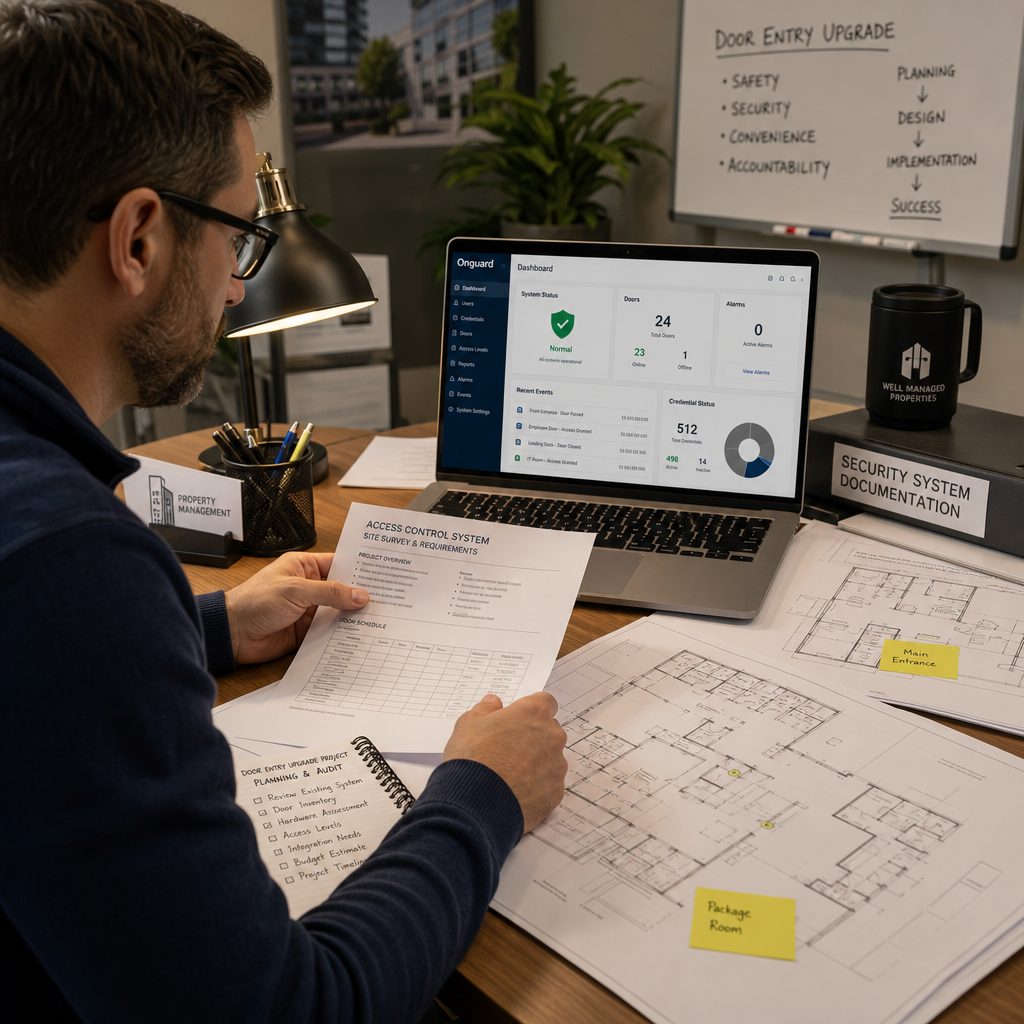 Property manager at desk reviewing access control system plans and software dashboard