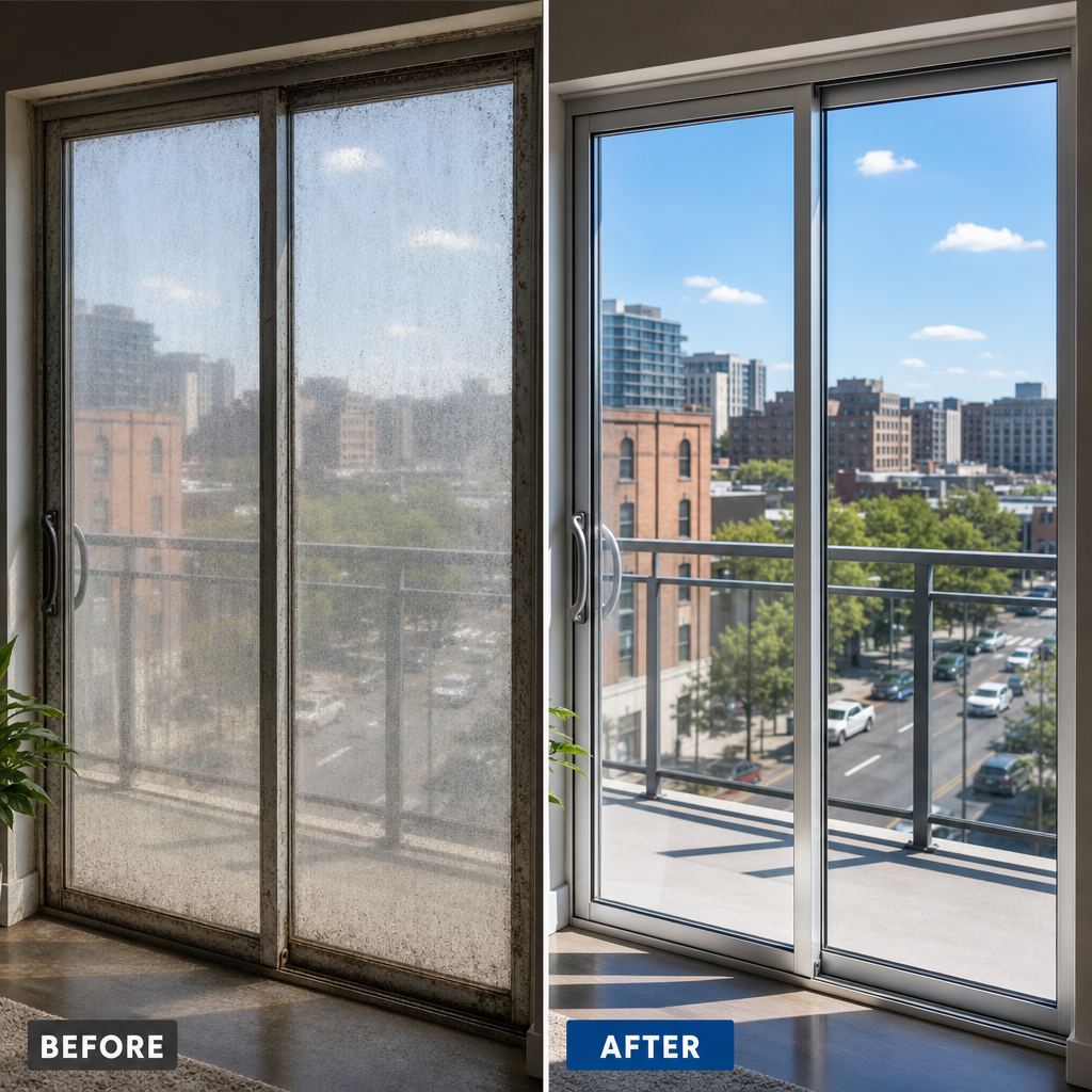 Before and after comparison of balcony sliding glass door cleaning