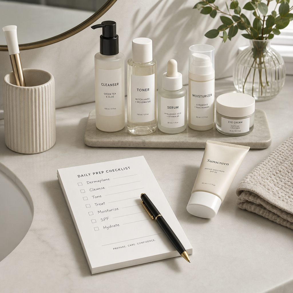 Organized pre-treatment checklist and skincare products on a bathroom vanity