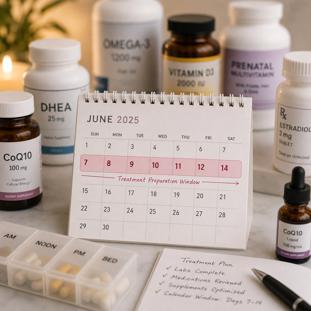 Treatment preparation timeline marked on calendar with medications visible