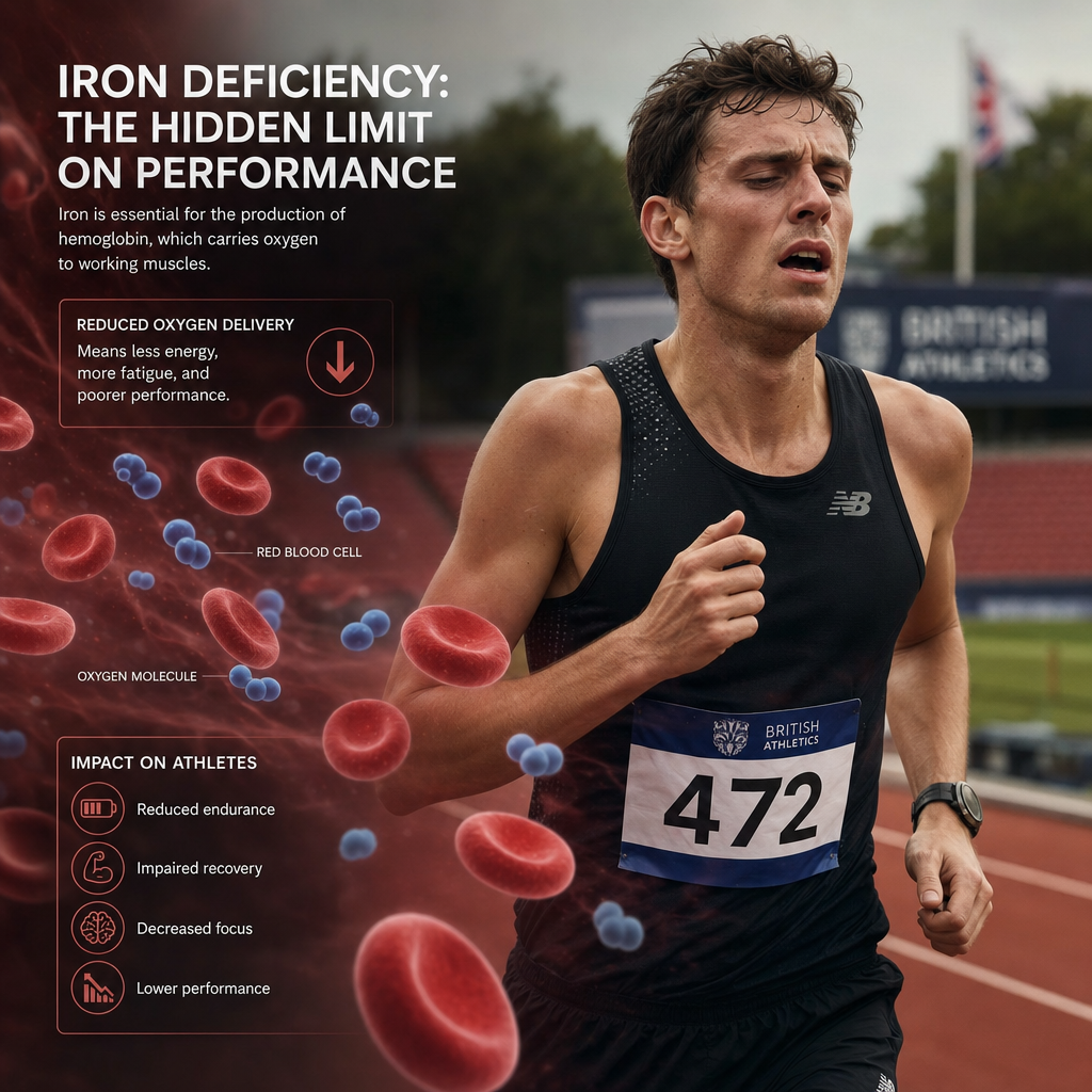 Tired runner on track showing signs of fatigue from iron deficiency