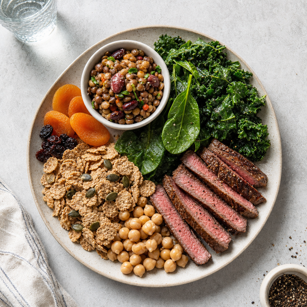 Nutritious iron-rich foods arranged on a plate for athletic performance