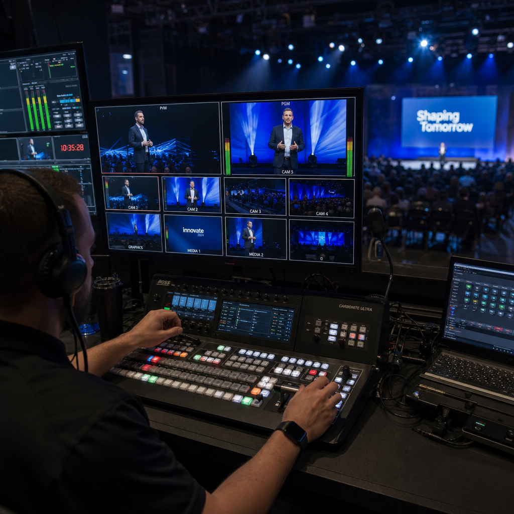 Vision mixer operator managing multiple camera feeds during live corporate event production