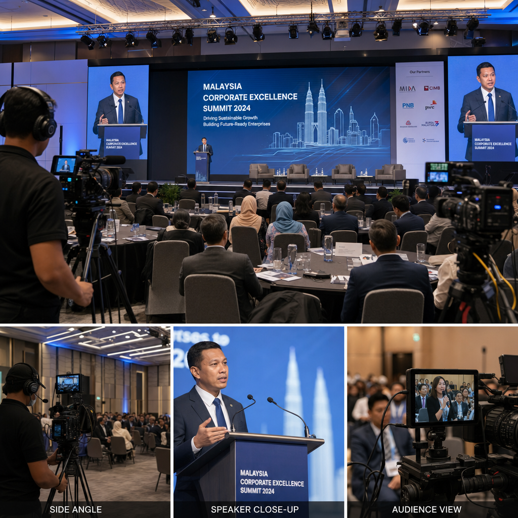 Multi-camera setup capturing simultaneous angles of corporate event speakers and audience reactions