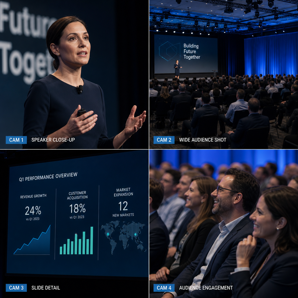Four simultaneous camera angles capturing different perspectives of corporate event coverage