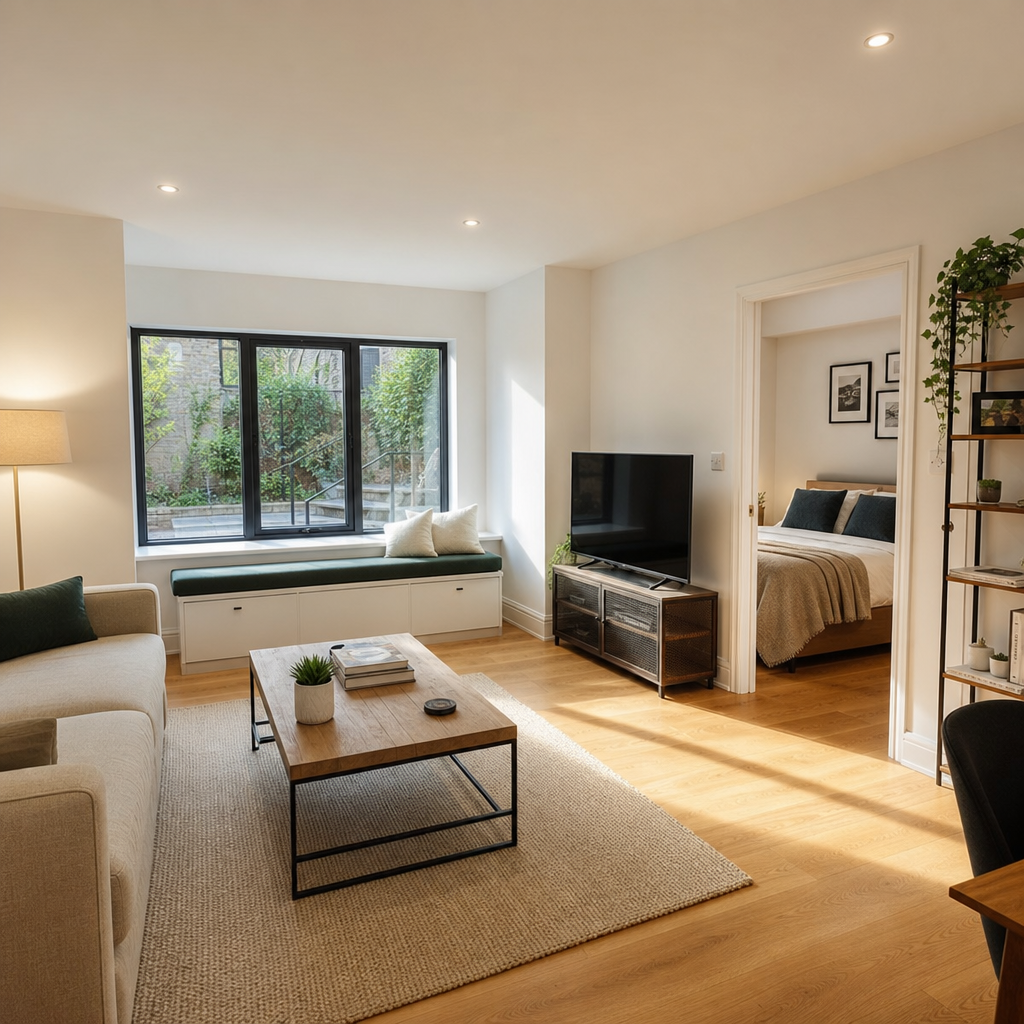 Bright, modern converted garage space with wooden floors and natural lighting