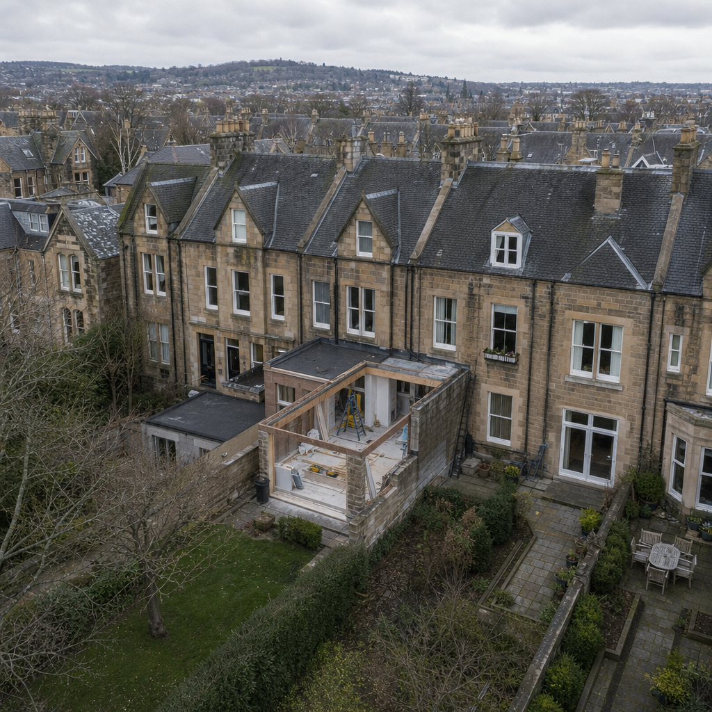 Edinburgh street view showing terraced houses with garage conversion renovation