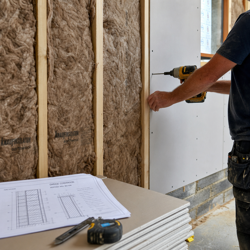 Construction detail of garage conversion showing insulation installation work