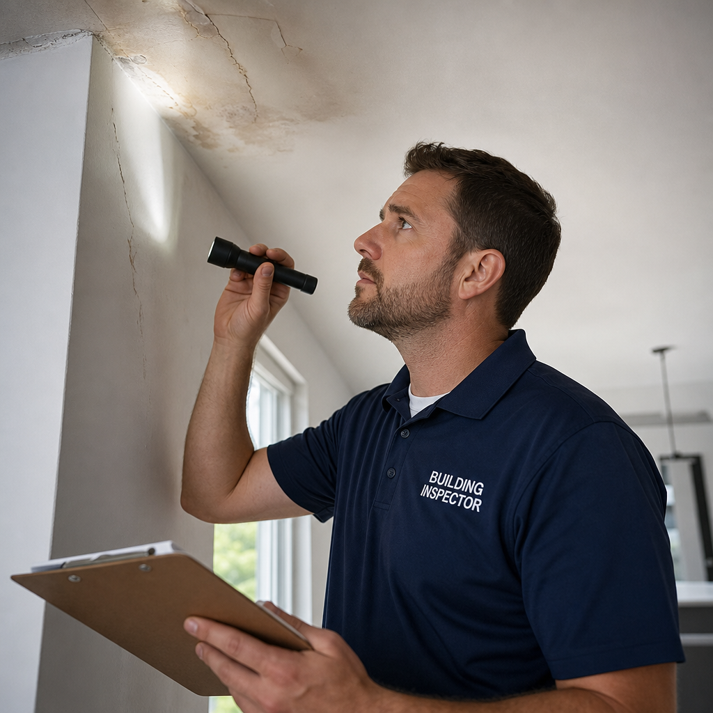 Building inspector examining interior walls and ceiling for construction defects