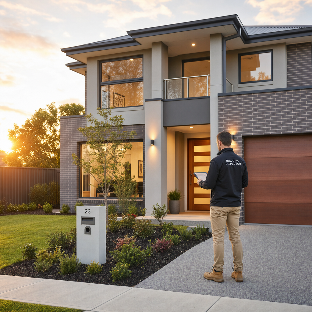 New build home exterior with inspector conducting pre-settlement assessment