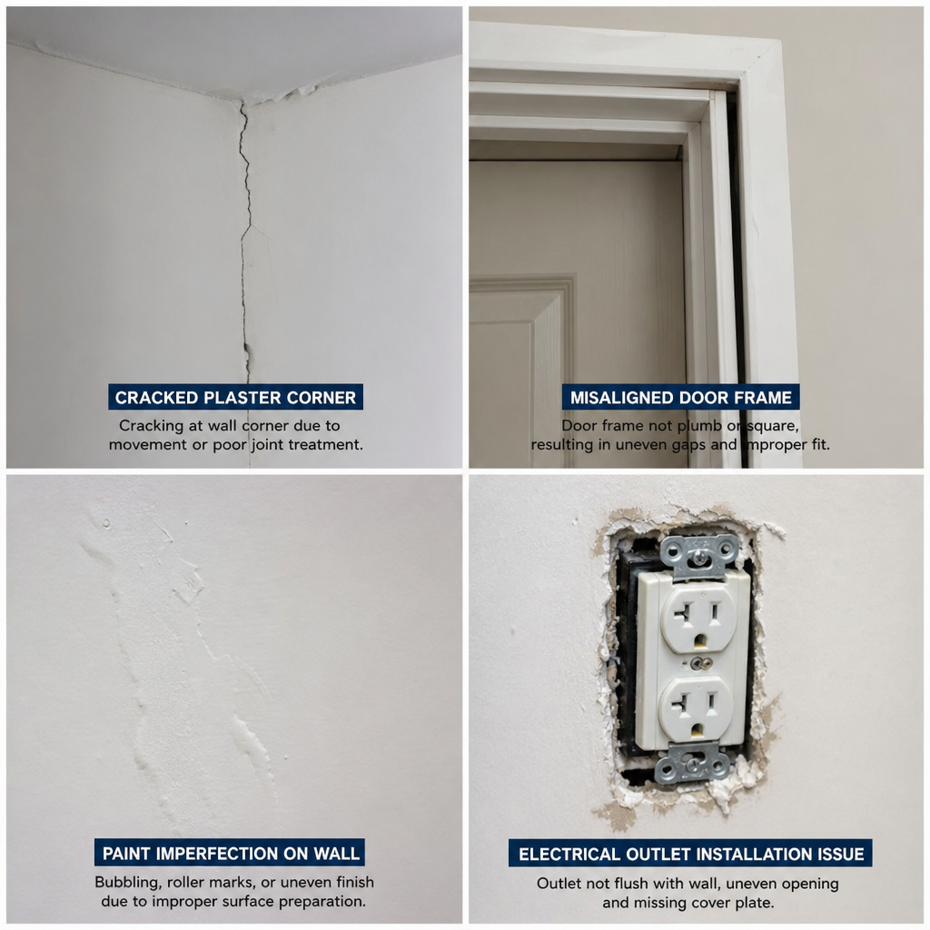 Close-up details of typical construction defects found in new builds