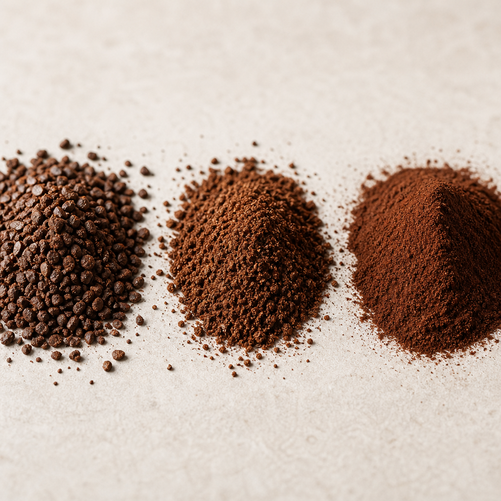 Three coffee grind samples displaying coarse, medium, and fine particle sizes