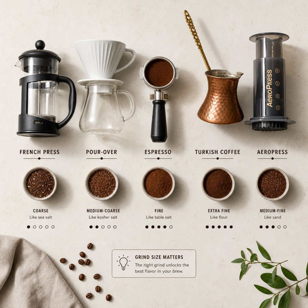 Collection of different coffee brewing methods displayed with their corresponding grind requirements