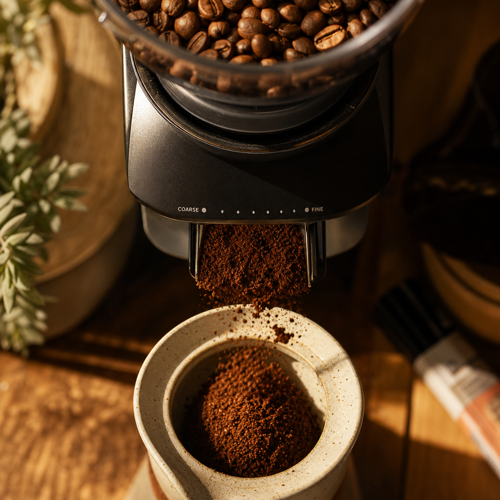Burr grinder dispensing freshly ground coffee into a collection vessel