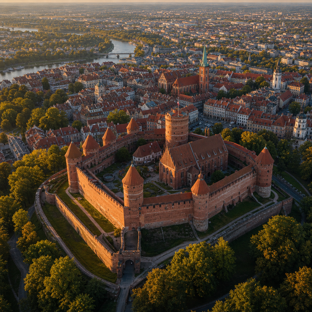 Widok z powietrza na zabytkowy zamek z czerwonymi murowymi wieżami dominujący nad starówką