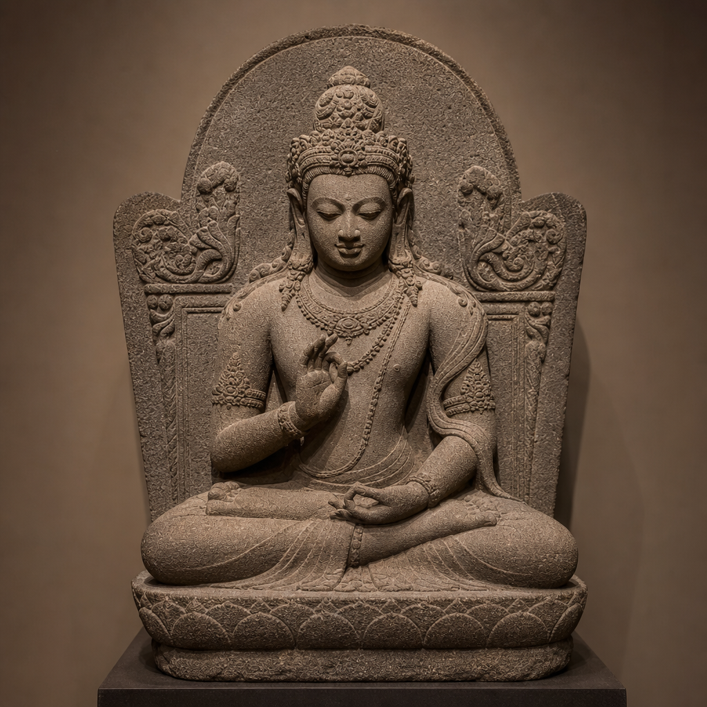 Antike buddhistische Steinskulptur mit zarten Handmudras und fließenden geschnitzten Gewändern aus der Srivijaya-Zeit
