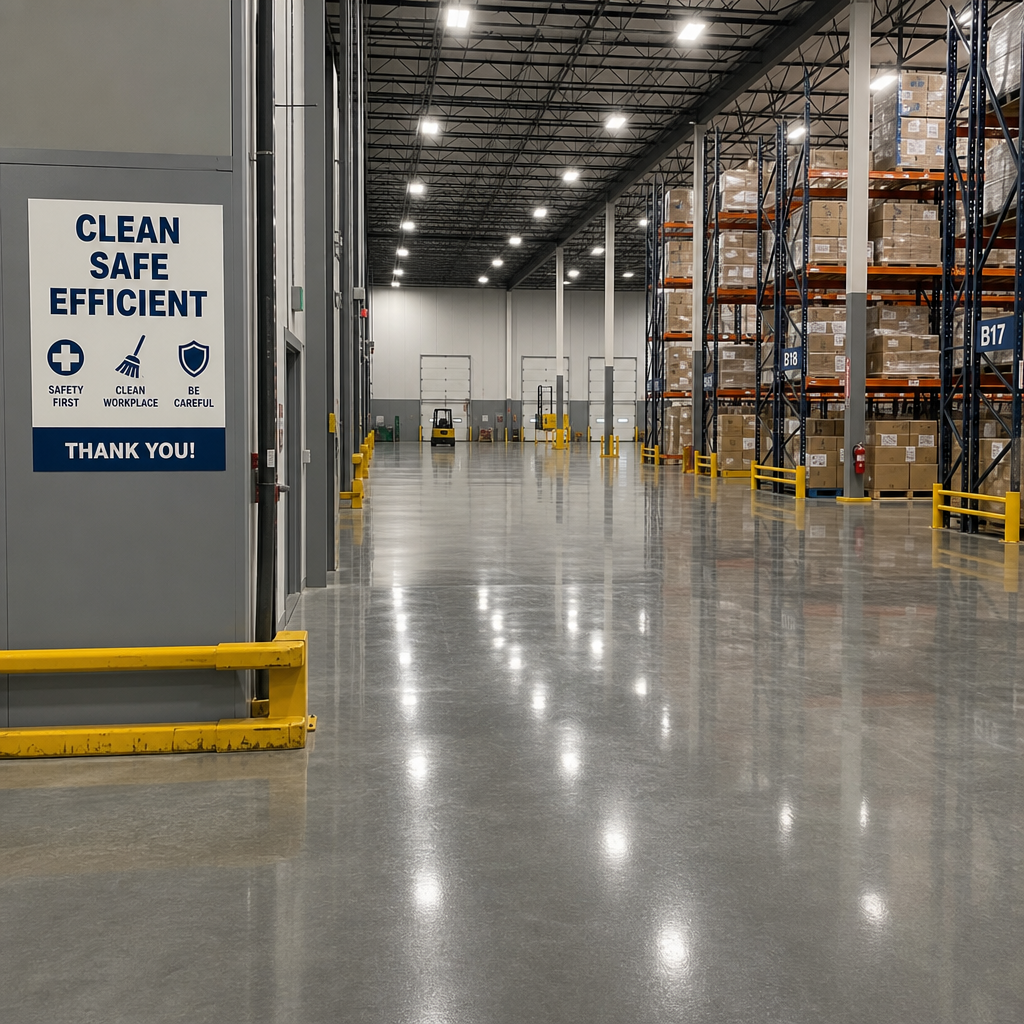 Clean warehouse floor with wet reflective surface after industrial warehouse cleaning performed by commercial cleaning provider - vibrant property services