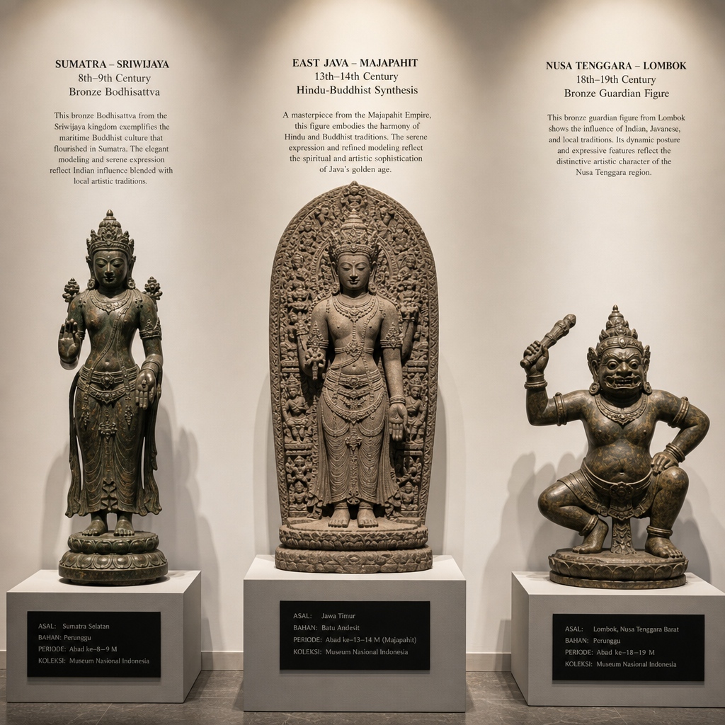 Kuratierte Sammlung indonesischer buddhistischer und hinduistischer Skulpturen aus verschiedenen historischen Epochen, ausgestellt in einer modernen Galerie