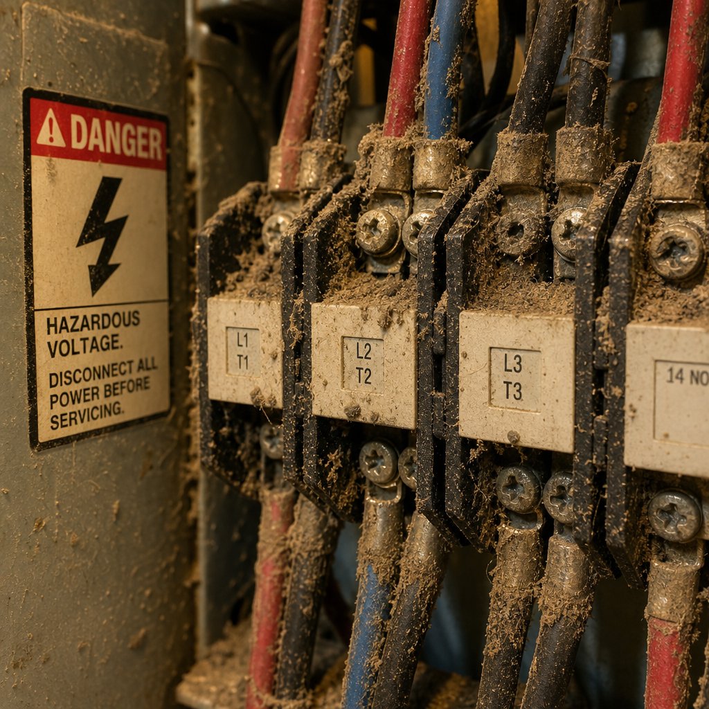 Dusty electrical panel showing accumulated debris near connections which requires a detailed warehouse cleaning by a professional service provider such as vibrant property services 