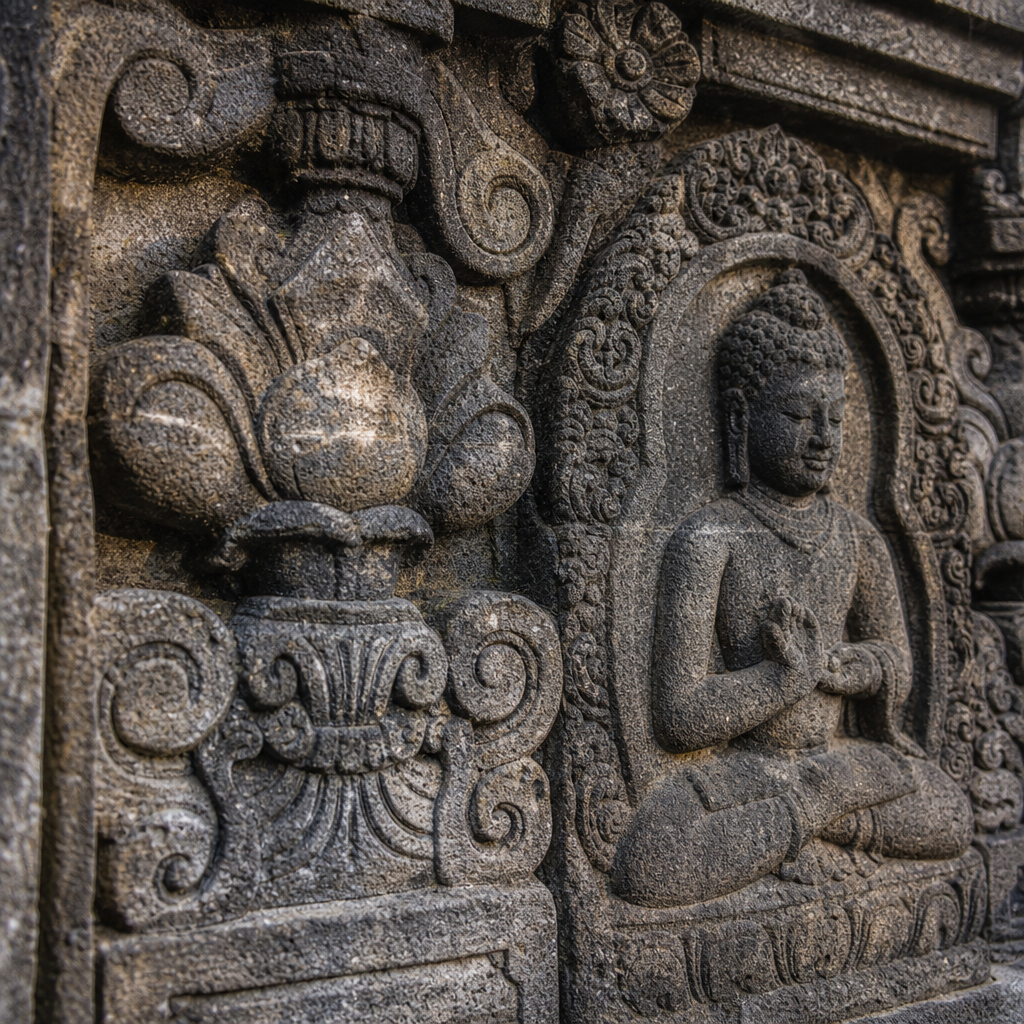 Detaillierte Schnitzerei mit symbolischer Ikonografie und dekorativen Mustern klassischer indonesischer buddhistischer Steinreliefskulpturen