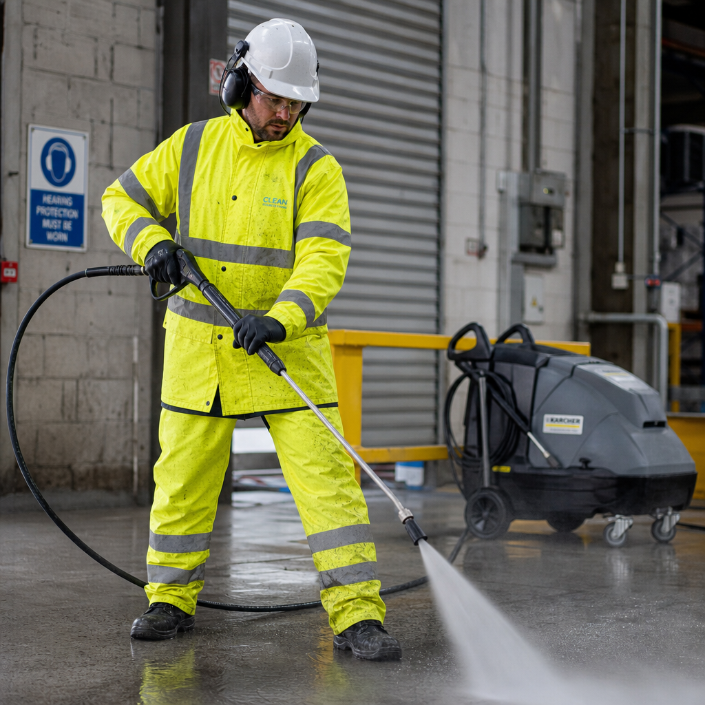 Worker in safety gear performing pressure washing on warehouse floor during a warehouse cleaning routine maintenance 