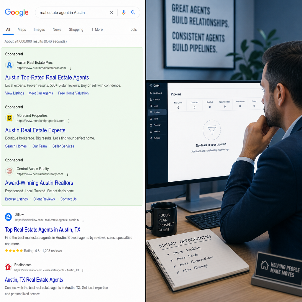Google search results showing competitor ads versus an agent's empty lead pipeline