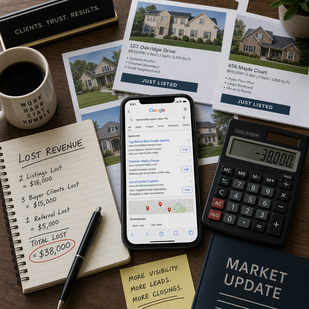 Real estate agent's desk showing property documents, calculator, and competitor Google ads on phone