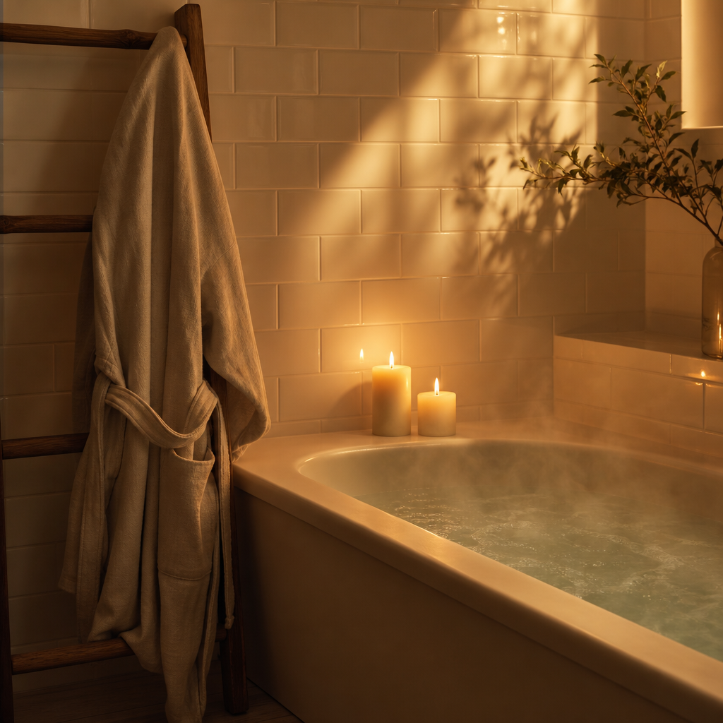 A luxurious spa-inspired bathtub with warm candlelight and soft golden lighting in a minimalist bathroom setting