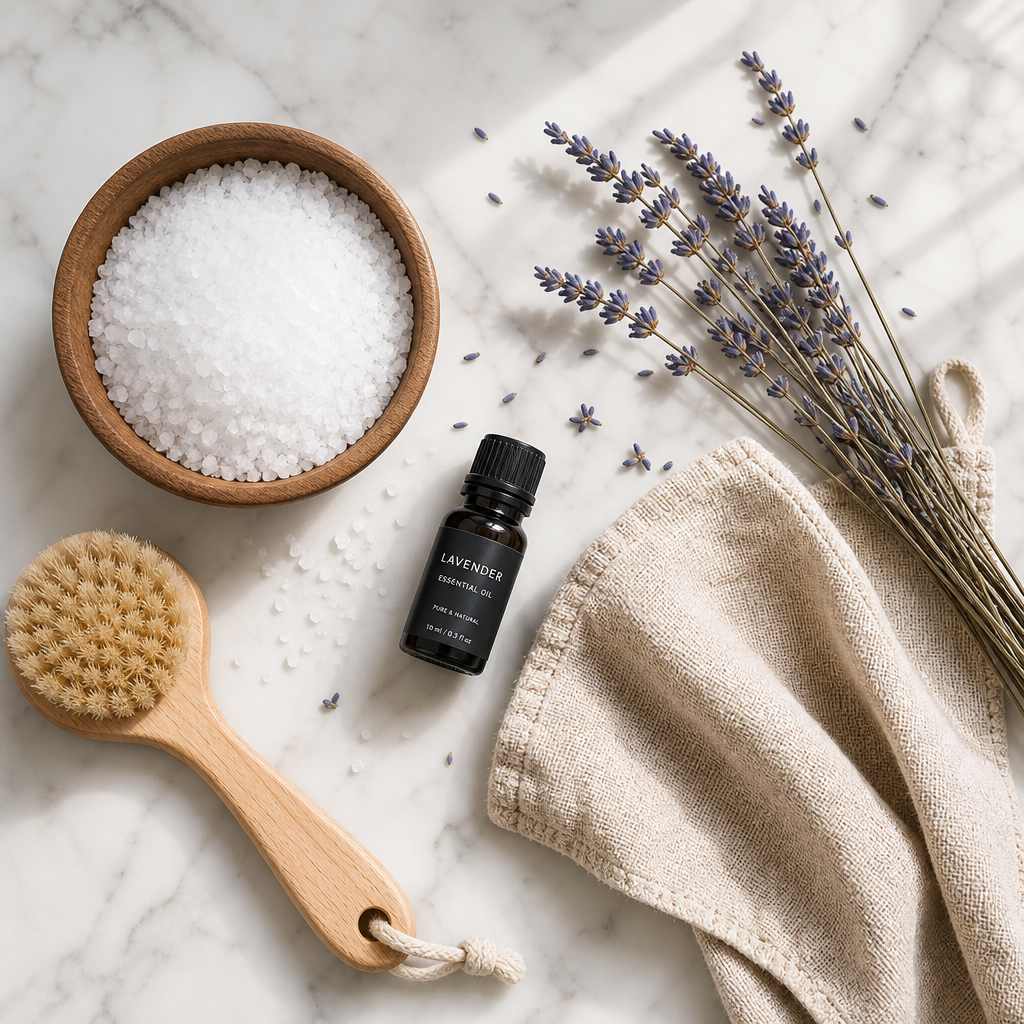 Overhead arrangement of natural spa bath ingredients and accessories including Epsom salt, essential oils, and dried botanicals