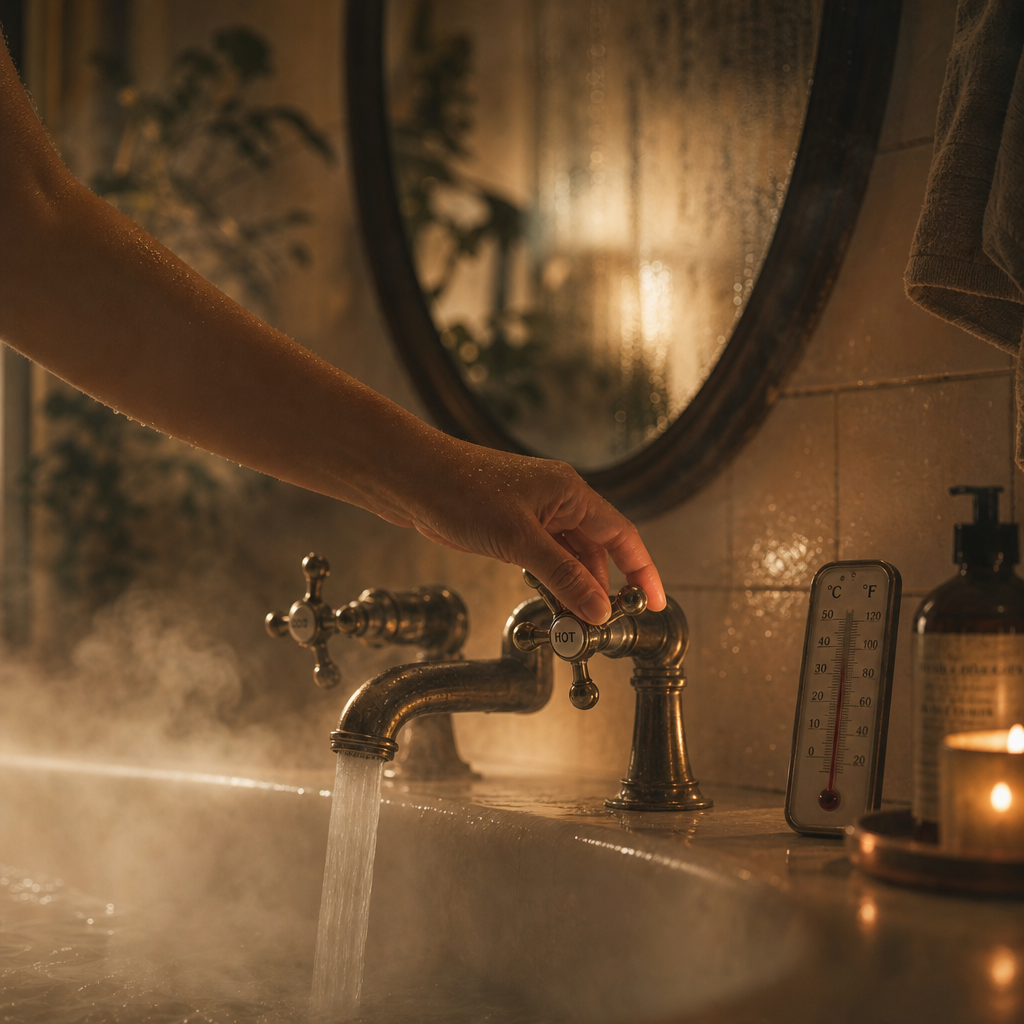 Close-up of someone adjusting bathwater temperature with steam and warm lighting creating a relaxing spa atmosphere