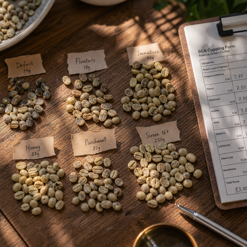 Green specialty coffee beans with SCA evaluation documentation