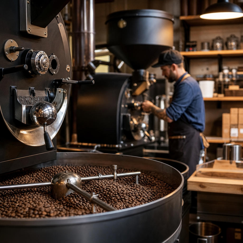 Specialty coffee roastery with cooling beans and roasting equipment