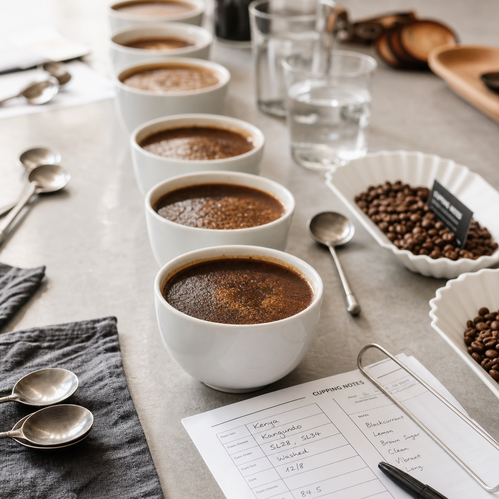 Coffee cupping table with multiple bowls and tasting evaluation setup
