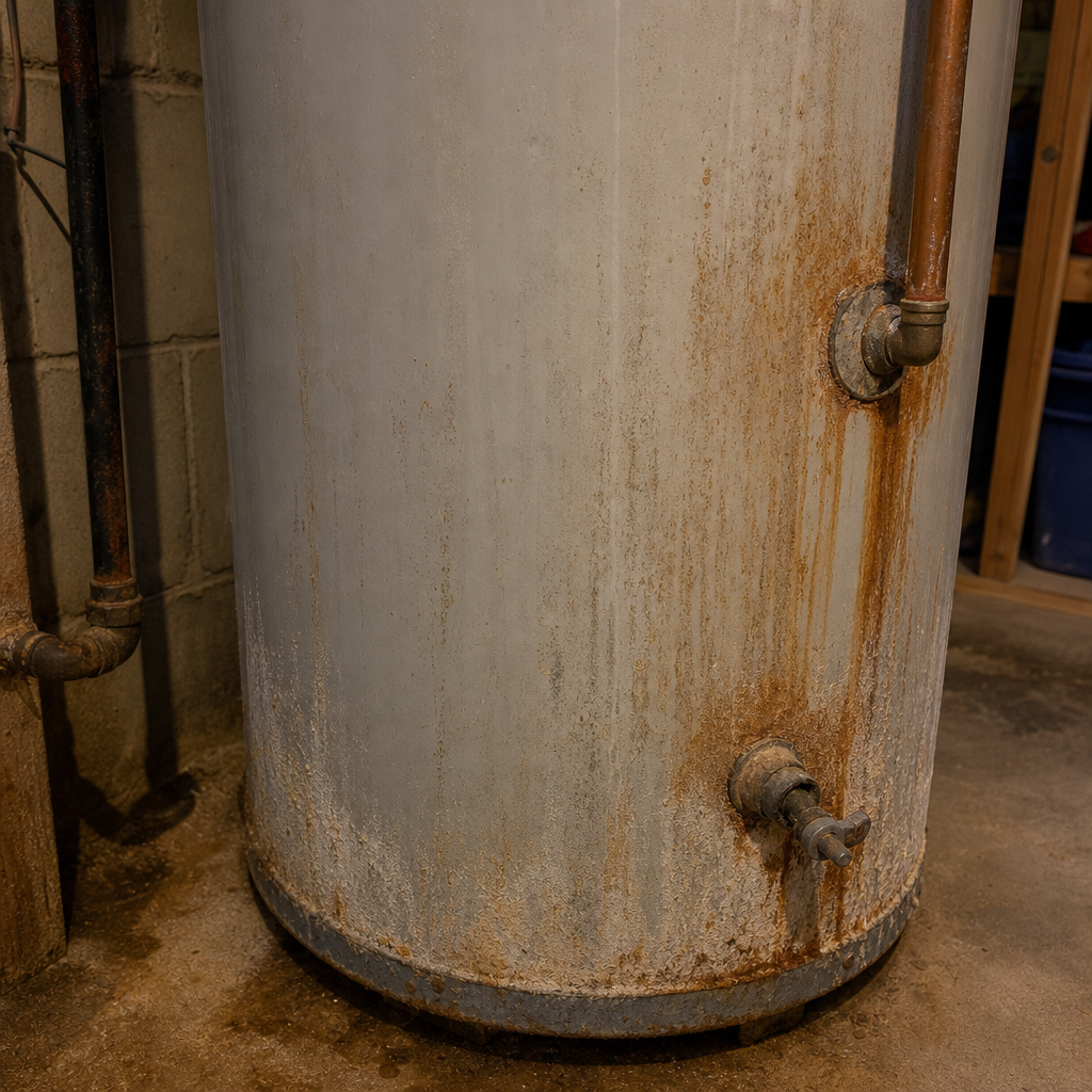 Aged water heater tank showing rust and mineral deposits in a home utility room